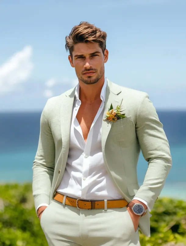 Men's Wedding Linen Suits Sage Half Lined Lightweight Summer Casual Solid Colored Standard Fit 2 Piece Single Breasted One-button