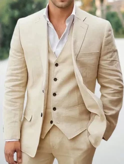 Men's Wedding Linen Suits White Sky Blue Solid Colored Tailored Fit 3 Piece Single Breasted Two-buttons