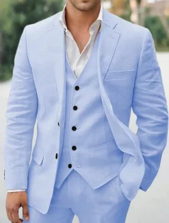 Men's Wedding Linen Suits White Sky Blue Solid Colored Tailored Fit 3 Piece Single Breasted Two-buttons