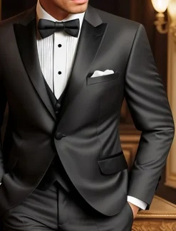 Men's Wedding Party Evening Wear Tuxedos Party / Evening Black Burgundy Solid Colored Tailored Fit 3 Piece Single Breasted One-button