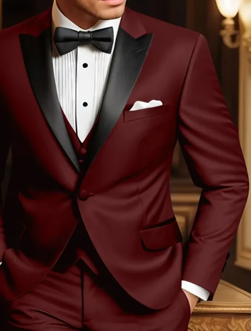 Men's Wedding Party Evening Wear Tuxedos Party / Evening Black Burgundy Solid Colored Tailored Fit 3 Piece Single Breasted One-button