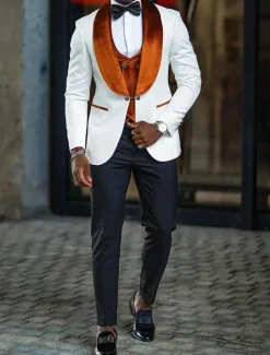 Men's Wedding Party Evening Wear Suits Shawl Collar Dark Khaki Blue Daily Business Solid Colored Plus Size 3 Piece Single Breasted One-button