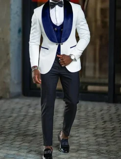 Men's Wedding Party Evening Wear Suits Shawl Collar Dark Khaki Blue Daily Business Solid Colored Plus Size 3 Piece Single Breasted One-button