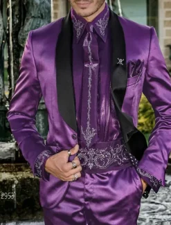 Men's Wedding Party Evening Wear Suits Shawl Collar Royal Blue Purple Luxury Solid Colored Tailored Fit 2 Piece Single Breasted One-button