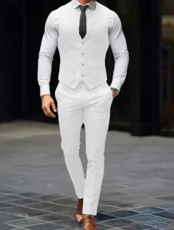 Men's Wedding Party Evening Wear Suits Black White Fashion Daily Solid Colored Standard Fit 2 Piece
