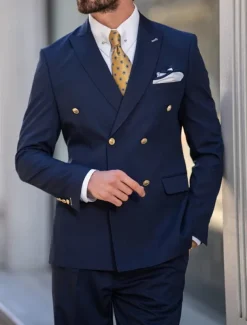 Men's Wedding Party Evening Wear Suits Dark Blue Business Formal Solid Colored Tailored Fit 2 Piece Double Breasted Six-buttons