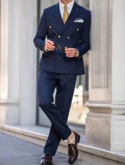 Men's Wedding Party Evening Wear Suits Dark Blue Business Formal Solid Colored Tailored Fit 2 Piece Double Breasted Six-buttons