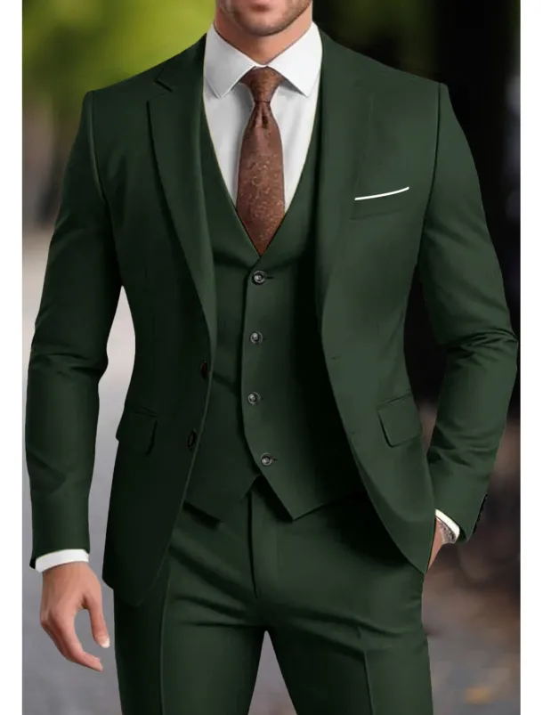 Men's Wedding Party Evening Wear Suits Notch Lapel Dark Green Dark Grey Fashion Business Solid Colored Standard Fit 3 Piece Single Breasted Two-buttons