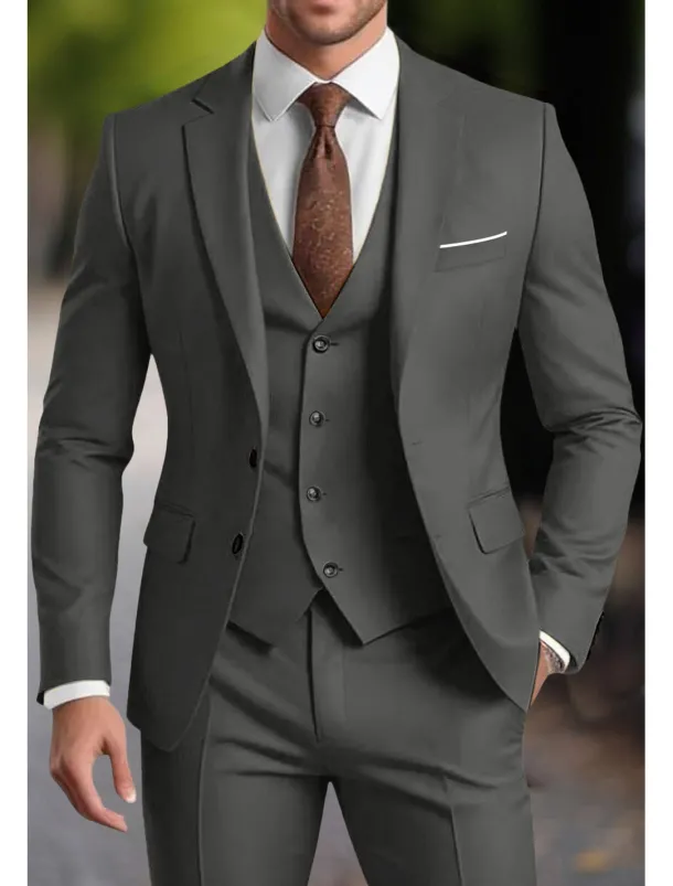 Men's Wedding Party Evening Wear Suits Notch Lapel Dark Green Dark Grey Fashion Business Solid Colored Standard Fit 3 Piece Single Breasted Two-buttons