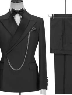 Men's Wedding Party Evening Wear Suits Black White Fashion Business Solid Colored Tailored Fit 2 Piece Single Breasted One-button