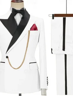 Men's Wedding Party Evening Wear Suits Black White Fashion Business Solid Colored Tailored Fit 2 Piece Single Breasted One-button