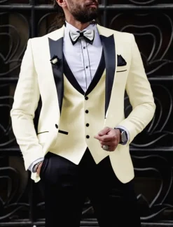 Men's Wedding Party Suits Peak Light Yellow White Solid Colored Tailored Fit 2 Piece Single Breasted One-button