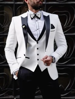 Men's Wedding Party Suits Peak Light Yellow White Solid Colored Tailored Fit 2 Piece Single Breasted One-button