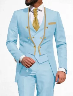 Men's Wedding Party Suits V Neck Light Blue Black Solid Colored Tailored Fit 3 Piece Double Breasted Six-buttons