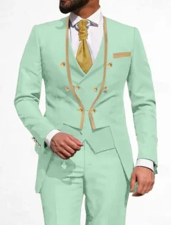 Men's Wedding Party Suits V Neck Light Blue Black Solid Colored Tailored Fit 3 Piece Double Breasted Six-buttons