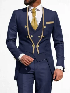 Men's Wedding Party Suits V Neck Light Blue Black Solid Colored Tailored Fit 3 Piece Double Breasted Six-buttons