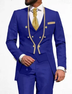 Men's Wedding Party Suits V Neck Light Blue Black Solid Colored Tailored Fit 3 Piece Double Breasted Six-buttons