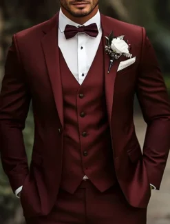 Men's Wedding Party Suits Burgundy Grape Purple Fashion Formal Solid Colored Standard Fit 3 Piece Single Breasted One-button