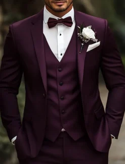 Men's Wedding Party Suits Burgundy Grape Purple Fashion Formal Solid Colored Standard Fit 3 Piece Single Breasted One-button