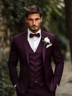 Men's Wedding Party Suits Burgundy Grape Purple Fashion Formal Solid Colored Standard Fit 3 Piece Single Breasted One-button