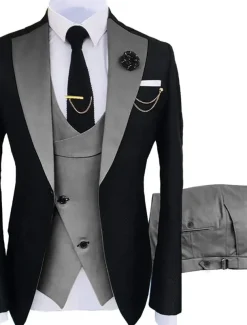 Men's Wedding Party Suits Notch Dark Khaki Black+beige Solid Colored Tailored Fit 3 Piece Single Breasted One-button