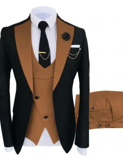 Men's Wedding Party Suits Notch Dark Khaki Black+beige Solid Colored Tailored Fit 3 Piece Single Breasted One-button