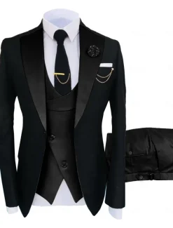 Men's Wedding Party Suits Notch Dark Khaki Black+beige Solid Colored Tailored Fit 3 Piece Single Breasted One-button