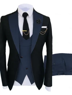 Men's Wedding Party Suits Notch Dark Khaki Black+beige Solid Colored Tailored Fit 3 Piece Single Breasted One-button