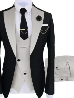Men's Wedding Party Suits Notch Dark Khaki Black+beige Solid Colored Tailored Fit 3 Piece Single Breasted One-button