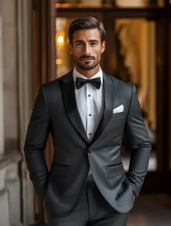 Men's Wedding Prom Party Suits Black Luxury Formal Solid Colored Tailored Fit 2 Piece Single Breasted One-button