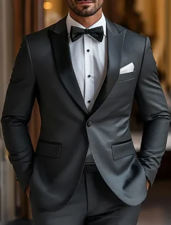 Men's Wedding Prom Party Suits Black Luxury Formal Solid Colored Tailored Fit 2 Piece Single Breasted One-button