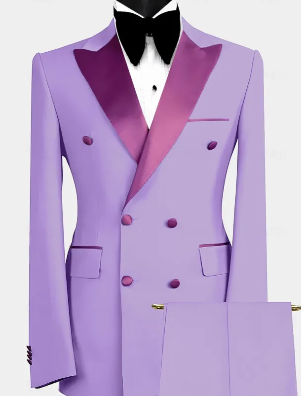 Men's Wedding Prom Party Suits Sky Blue Purple Luxury Formal Solid Colored Standard Fit 2 Piece Double Breasted Six-buttons