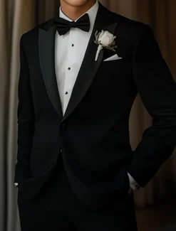 Men's Wedding Prom Party Suits Black Luxury Formal Solid Colored Standard Fit 2 Piece Single Breasted One-button
