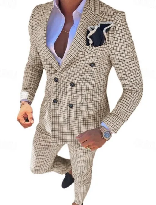 Men's Wedding Suits Closure collar White Pink Checkered Standard Fit 2 Piece Double Breasted Six-buttons