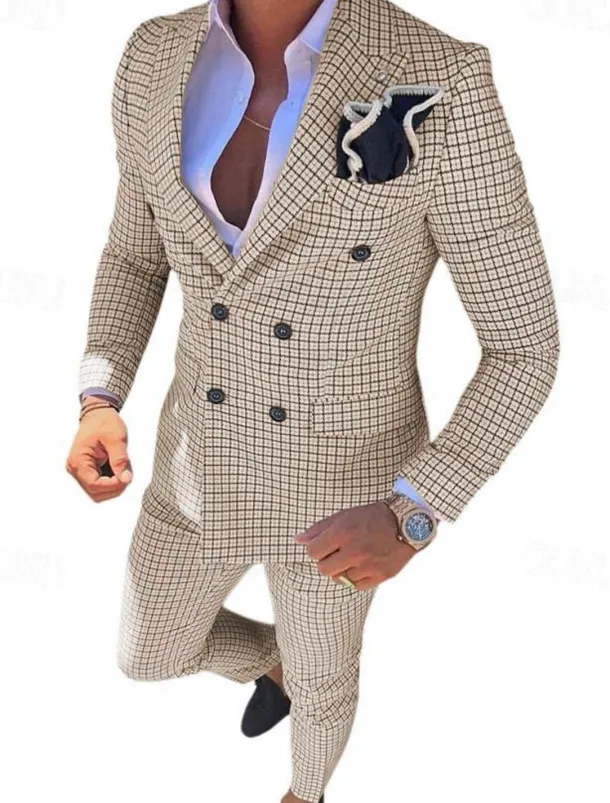 Men's Wedding Suits Closure collar White Pink Checkered Standard Fit 2 Piece Double Breasted Six-buttons