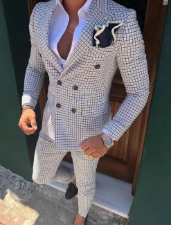 Men's Wedding Suits Closure collar White Pink Checkered Standard Fit 2 Piece Double Breasted Six-buttons