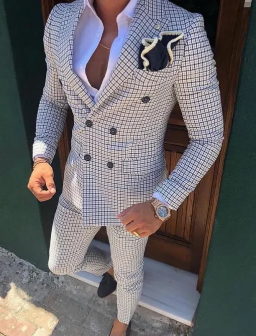 Men's Wedding Suits Closure collar White Pink Checkered Standard Fit 2 Piece Double Breasted Six-buttons