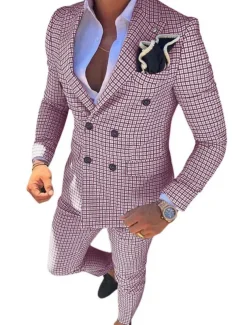 Men's Wedding Suits Closure collar White Pink Checkered Standard Fit 2 Piece Double Breasted Six-buttons