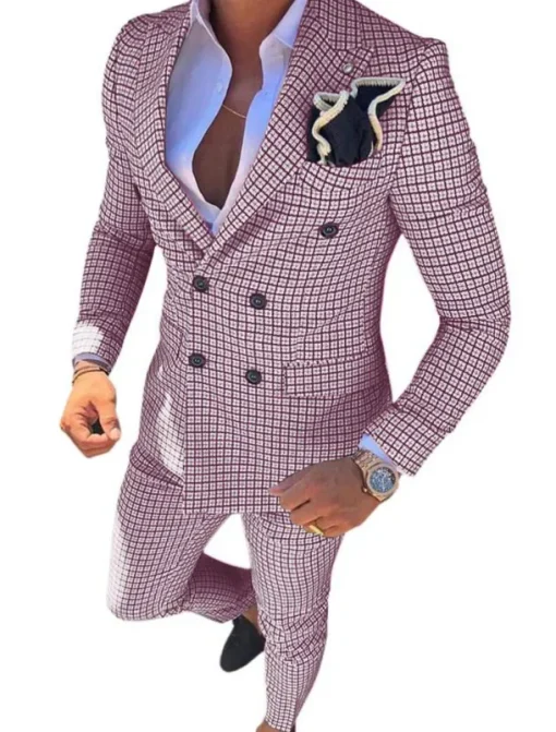 Men's Wedding Suits Closure collar White Pink Checkered Standard Fit 2 Piece Double Breasted Six-buttons