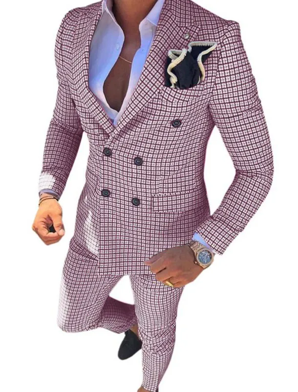 Men's Wedding Suits Closure collar White Pink Checkered Standard Fit 2 Piece Double Breasted Six-buttons