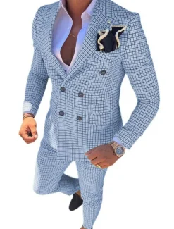 Men's Wedding Suits Closure collar White Pink Checkered Standard Fit 2 Piece Double Breasted Six-buttons