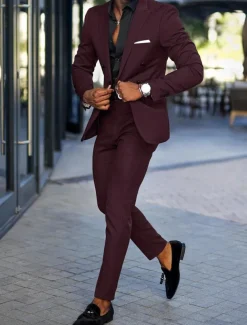 Men's Wedding Suits Closure collar Black Burgundy Business Formal Solid Colored Tailored Fit 2 Piece Double Breasted Six-buttons