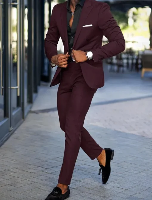 Men's Wedding Suits Closure collar Black Burgundy Business Formal Solid Colored Tailored Fit 2 Piece Double Breasted Six-buttons