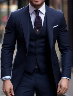 Men's Wedding Suits Notch Black Navy Blue Solid Colored Slim Fit 3 Piece Single Breasted Two-buttons
