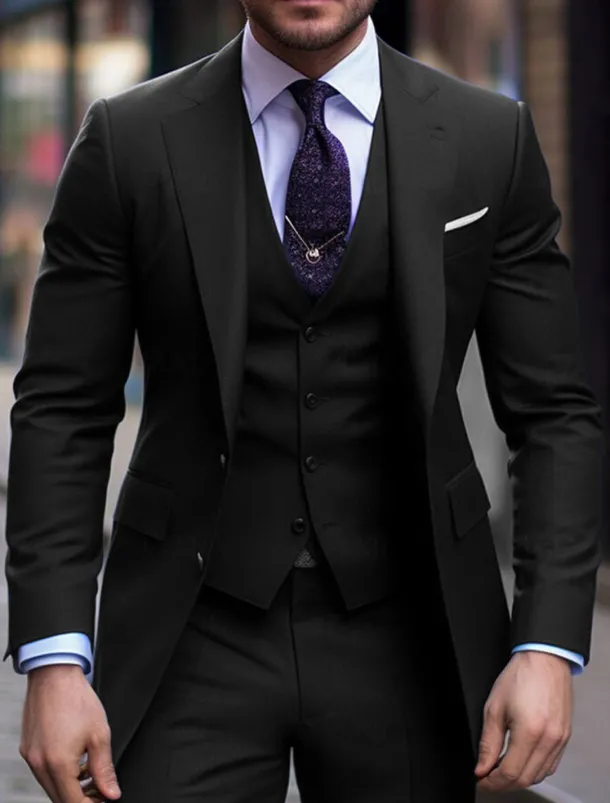 Men's Wedding Suits Notch Black Navy Blue Solid Colored Slim Fit 3 Piece Single Breasted Two-buttons