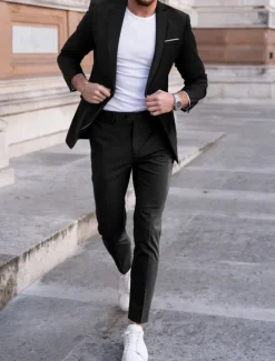 Men's Wedding Suits Notch Black Red Business Formal Solid Colored Tailored Fit 2 Piece Single Breasted One-button