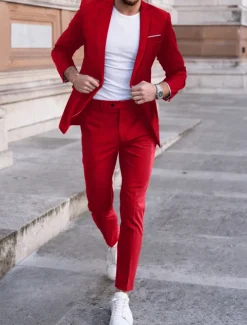 Men's Wedding Suits Notch Black Red Business Formal Solid Colored Tailored Fit 2 Piece Single Breasted One-button