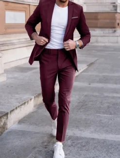 Men's Wedding Suits Notch Black Red Business Formal Solid Colored Tailored Fit 2 Piece Single Breasted One-button