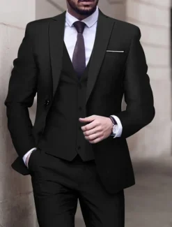 Men's Wedding Suits Notch Black White Solid Colored Tailored Fit 3 Piece Single Breasted One-button