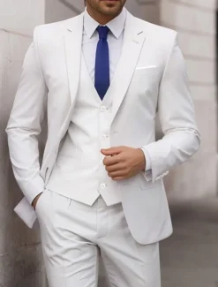 Men's Wedding Suits Notch Black White Solid Colored Tailored Fit 3 Piece Single Breasted One-button